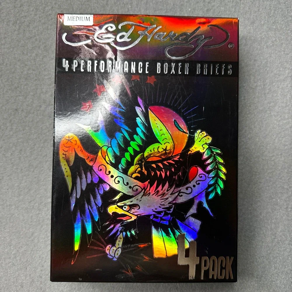 Ed Hardy Performance Boxer Briefs Mens Medium Multicolor 4 Pack Tattoo Print